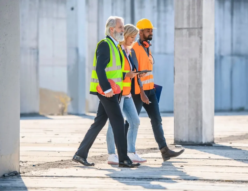 Site supervisors in hard hats and safety vests discussing plans at a construction site, symbolizing teamwork, resilience, and overcoming challenges.